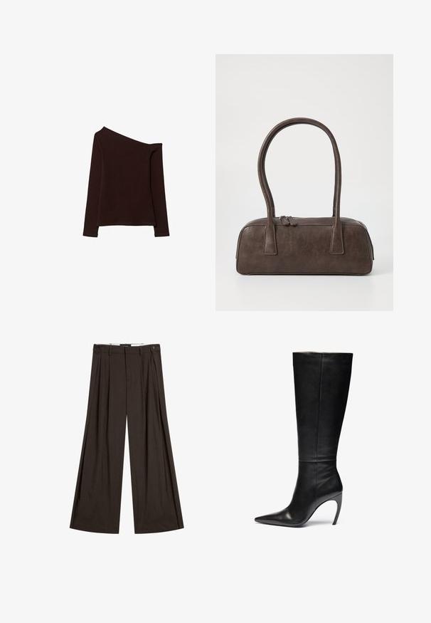 Asymetryczna bluzka z długim rękawem w ciemnym brązowym kolorze, z jednym odkrytym ramieniem i gładką, lekko teksturowaną powierzchnią.; Brązowe spodnie z szerokimi nogawkami, wykonane z lekkiego materiału, z przodu posiadają fałdy, dwie boczne kieszenie oraz pojedyncze zapięcie na guzik.; Czarne skórzane bootsy za kolano z szpiczastym noskiem i wysokim obcasem w szpilce; elegancka, gładka tekstura z subtelnymi szwami i brakiem widocznych elementów metalowych.; Brązowa skórzana torebka na ramię z dwoma solidnymi uchwytami, prostokątny kształt, gładka faktura i zamek błyskawiczny. Minimalistyczny design bez widocznych wzorów.; Czarna bransoletka z żywicy z gładką, błyszczącą powierzchnią i zaokrąglonymi krawędziami. Posiada małe złote logo "Pilgrim" na wewnętrznej stronie.