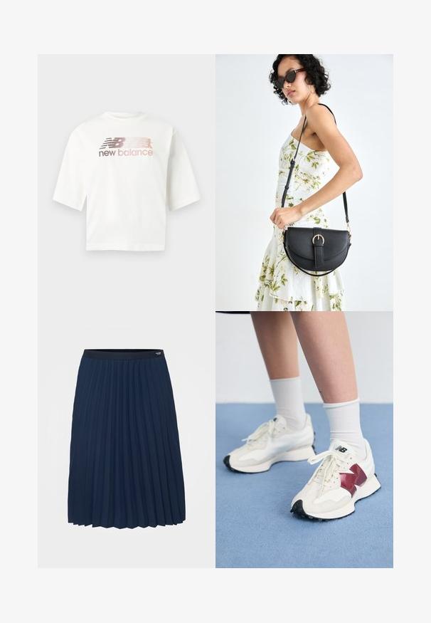 Hvid kortærmet T-shirt lavet af bomuld med en gradientlogo i pink og grå samt teksten "new balance" under logoet.; Tommy Hilfiger Curve FLUID PLEATED MIDI SKIRT - Pliceret nederdel /Nederdele med folder - dark night navy; Et par hvide sneakers med maroon detaljer, strukturerede paneler, flad sort sål og lyse snørebånd, båret med hvide ankelstrømper.; Sort læderhåndtaske med en buet form, aftagelig rem og guldfinish. Tasken har en klap med en spænde detalje.