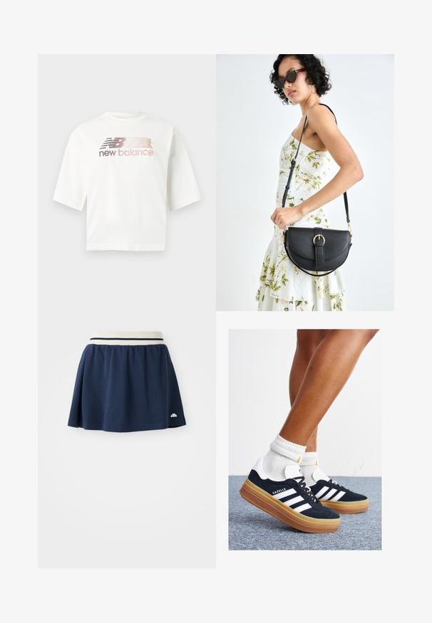 Baltos spalvos trumpomis rankovėmis medvilninė marškinėliai su gradiento efekto rožiniu ir pilku logotipu, po kuriuo yra užrašas „new balance“.; Tamsiai mėlyna sijonas, pagamintas iš minkštos medžiagos, su balta elastine juosta, turinčia dvi tamsiai mėlynas juosteles ir mažą logotipą apatinėje pakelėje.; Juodi zomšiniai sportbačiai su baltais dryžiais ir akcentais, apvalios nosies, guminio, gumos pado, derinami su baltais raitytais vidutinio ilgio kojinaitėmis.; Juodas odinis krepšys su išlenkta forma, nuimamu dirželiu ir auksiniais detalėmis. Krepšys turi kilpą su sagtimi.