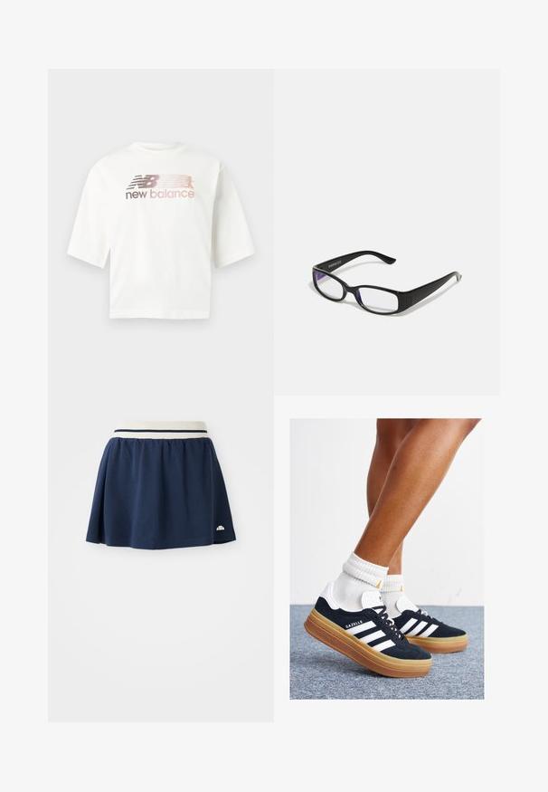 White short-sleeve t-shirt made of cotton, featuring a gradient logo in pink and gray with the text "new balance" below the logo.; Navy blue skirt made of soft fabric with a white elastic waistband featuring two navy stripes and a small logo on the lower hem.; Black suede sneakers with white stripes and accents, rounded toe, gum rubber outsole, paired with white ribbed crew socks.; Black rectangular glasses with clear lenses. Glossy finish, narrow arms, and purple tint visible at the edges of the lenses.
