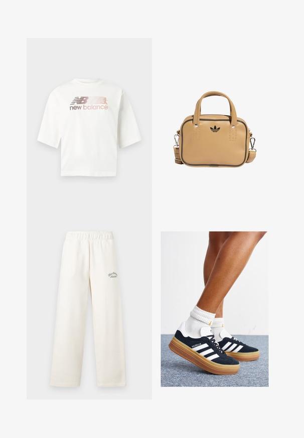 Weißes kurzärmeliges T-Shirt aus Baumwolle mit einem Farbverlauf-Logo in Rosa und Grau sowie dem Text „new balance“ unter dem Logo.; Cremfarbene, weit geschnittene Hose aus weichem Material mit einem elastischen Bund. Auf der Vorderseite ist dezent grüner Sticktext zu sehen.; Schwarze Wildledersneaker mit weißen Streifen und Akzenten, rundlicher Zehenbereich, Sohlen aus braunem Gummi, kombiniert mit weißen, gerippten Sneakersocken.; Beige veganes Lederhandtasche mit zwei Griffen, abnehmbarem Schultergurt, schwarzen Akzentnähten und einem kleinen schwarzen Logo auf der Vorderseite.