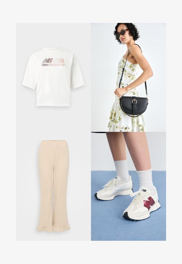 T-shirt blanc à manches courtes en coton, avec un logo dégradé en rose et gris et le texte "new balance" sous le logo.; Pantalons tricotés côtelés de couleur crème avec une taille élastique et un ourlet évasé décoré de volants en bas. Texture lisse.; Une paire de baskets blanches avec des accents bordeaux, des panneaux texturés, une semelle noire plate et des lacets légers, portées avec des chaussettes blanches mi-mollet.; Sac à main en cuir noir avec une forme courbée, bandoulière amovible et des accessoires en or. Le sac est doté d'un rabat avec un détail de boucle.