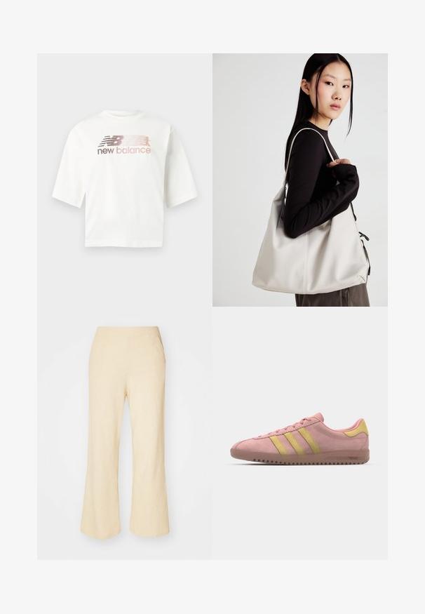 T-shirt blanc à manches courtes en coton, avec un logo dégradé en rose et gris et le texte "new balance" sous le logo.; Pantalons large en beige clair avec un tissu texturé, dotés d'une taille élastique et de deux poches latérales.; Baskets en daim rose avec trois rayures jaunes, bout rond et semelle en caoutchouc texturée. Design profil bas avec un col rembourré.; Sac à main beige en matériau souple, avec un design décontracté, des détails cousus et deux poignées. Idéal pour un usage quotidien.