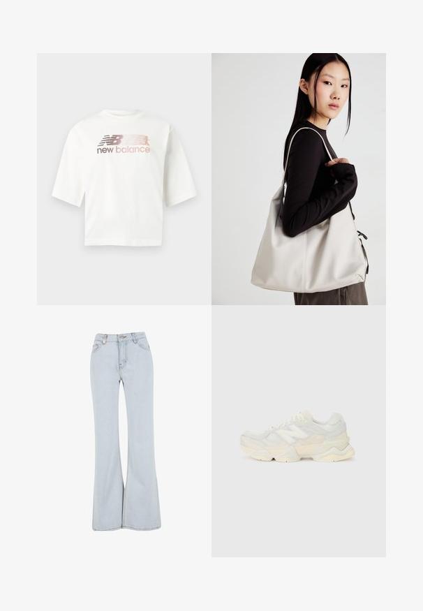 Valge lühikeste varrukatega puuvillane t-särk, millel on roosa ja halli gradientvärvusega logo ning logo all on kiri „new balance”.; Heledad sinised lehvikud teksad, mis on valmistatud denimist, kõrge vöökoha, viie tasku ja kontrastse õmblusega õmbluste ääres.; Kerge tenniseking, mille pealis on valmistatud võrgust ja seemisnahast pehmes kreemitoonis, koos paksu tallaga ja kolmemõõtmeliste aktsentidega.; Bež käekott pehme materjali, millel on lõtv disain, õmblustega detailid ja kaks õlarihma. Sobib igapäevaseks kasutamiseks.
