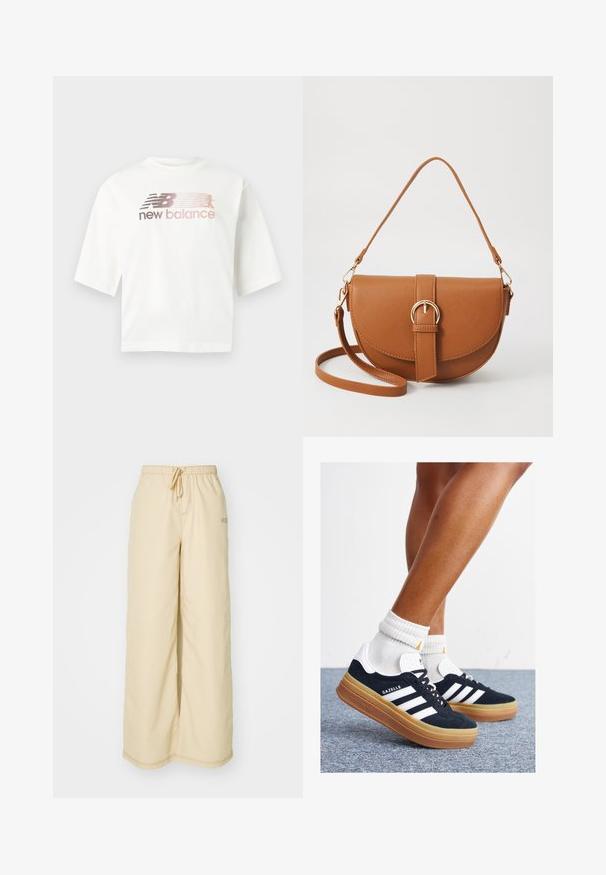 White short-sleeve t-shirt made of cotton, featuring a gradient logo in pink and gray with the text "new balance" below the logo.; Beige wide-leg trousers made of soft fabric, featuring an elastic waistband with a drawstring, side pockets, and subtle stitching details.; Black suede sneakers with white stripes and accents, rounded toe, gum rubber outsole, paired with white ribbed crew socks.; Brown leather crossbody bag with a curved shape, gold hardware, and a buckle accent. Features a detachable shoulder strap.