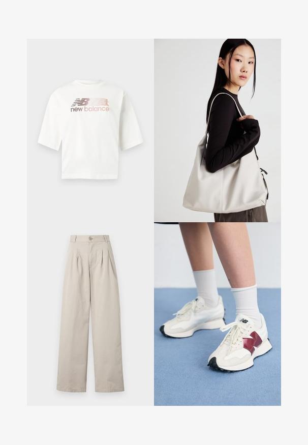 T-shirt blanc à manches courtes en coton, avec un logo dégradé en rose et gris et le texte "new balance" sous le logo.; Pantalons larges beiges en coton, avec des plis à l'avant, une fermeture à bouton, des passants de ceinture et une texture lisse.; Une paire de baskets blanches avec des accents bordeaux, des panneaux texturés, une semelle noire plate et des lacets légers, portées avec des chaussettes blanches mi-mollet.; Sac à main beige en matériau souple, avec un design décontracté, des détails cousus et deux poignées. Idéal pour un usage quotidien.