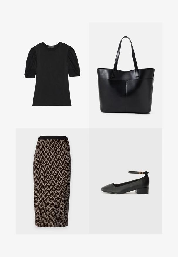 Svart t-skjorte med korte, puffede ermer laget av et mykt materiale. Har en klassisk rund halslinning og en normal passform.; Strikket blyantskjørt i svart og beige med geometrisk mønster. Har ribbestrikket liv og tettsittende silhuett.; Sorte skinnpumper med spiss tå og lav blokkhelt. Har ankelrem med gullfarget spenne. Glatt tekstur.; Svart lær toteveske med to lange håndtak, en glatt tekstur og en strukturert form. Har en frontlomme for ekstra oppbevaring.