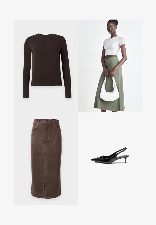 Tumši brūns gara piedurkne t-krekls ar šauru piegriezumu, parādīts uz vienkārša balta fona.; Brūns zamšādas zīmulis svārks ar priekšējo šķēlumu, kontrastējošām baltām šuvēm un klasisku piecu kabatu dizainu. Klasiska pogu aizdare jostasvietā.; Melni ādas sandales ar norādītu pirkstu, mazu kaķa papēdi un dekoratīvu mezglu detaļu priekšā. Gluda tekstūra visā virsmā.; Pelēks ribots īsais tops un olīvzaļš augstās vidukļa svārki. Modelis tur baltu plecu somu ar izgriezumiem. Vienkāršs dizains, pieguloša silueta.