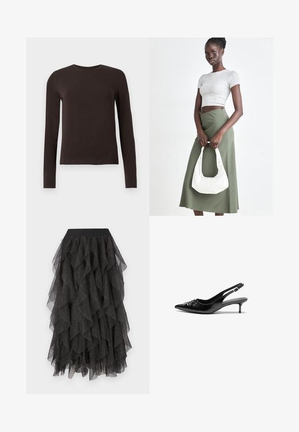 Tamsiai ruda ilgomis rankovėmis marškinėliai su apvalia iškirpte, turintys slim fit, pateikti ant balto vienodo fono.; Juodas sluoksniuotas tiulio sijonas su volangomis ir blizgučiais sidabriniais raštais. Lekia juodas elastingas juosmuo.; Juodos odinės slingback aukštakulniai su smailiu nosiu, mažais katės kulnais ir dekoratyvine mazgo detale priekyje. Visas paviršius lygus.; Pilka juostuota trumpa palaidinė ir alyvuogių žalios spalvos aukšto liemens sijonas. Modelis laiko baltą petį krepšį su išpjovomis. Paprastas dizainas, prigludusi siluetas.