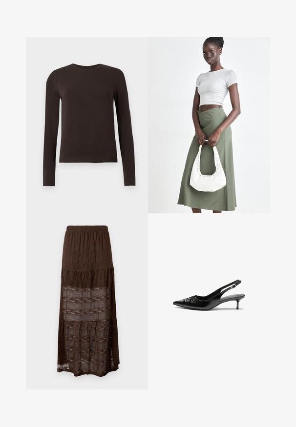 Mørkebrune, langermede crew neck skjorter med slim fit vist mot en enkel hvit bakgrunn.; Brun blonde maxi skjørt med lagdelt design, utstyrt med smocket liv og bølgete mønstre i hele stoffet. Lett og semitransparent.; Sorte skinnert remsandaler med spiss tå, liten kittenhæl og en dekorativ knute detalj foran. Glatt tekstur gjennom hele.; Grå ribbet topp og olivengrønn høy midje skjørt. Modellen holder en hvit skulderveske med utskjæringsdetaljer. Enkelt design, tettsittende silhuett.