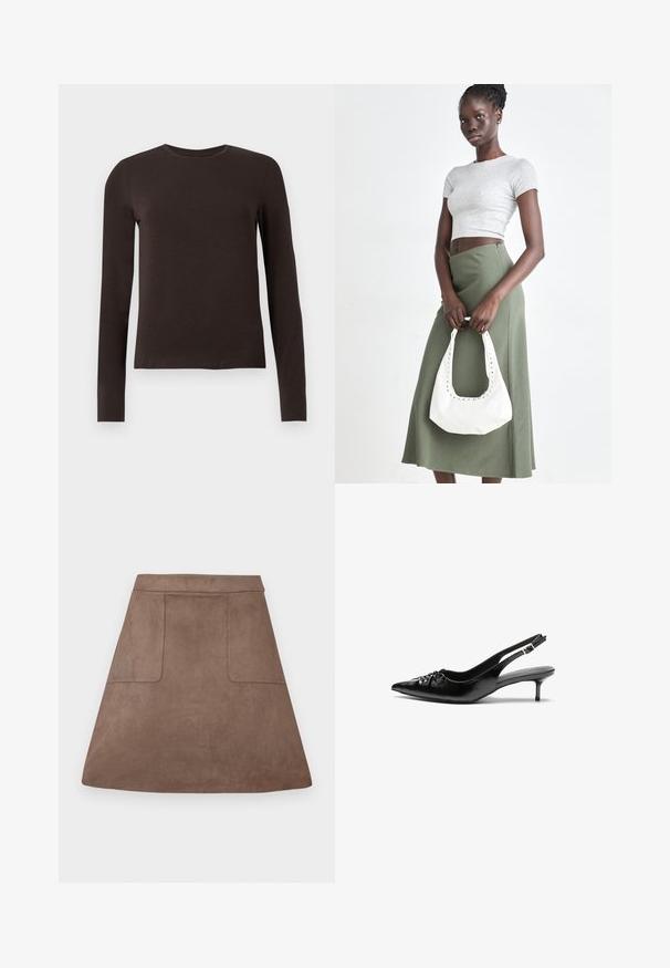 Mørkebrune, langermede crew neck skjorter med slim fit vist mot en enkel hvit bakgrunn.; Brun suedes A-linjekjole med en glatt tekstur, med to frontlommer og en sømløs midje, designet for lengde over kneet.; Sorte skinnert remsandaler med spiss tå, liten kittenhæl og en dekorativ knute detalj foran. Glatt tekstur gjennom hele.; Grå ribbet topp og olivengrønn høy midje skjørt. Modellen holder en hvit skulderveske med utskjæringsdetaljer. Enkelt design, tettsittende silhuett.