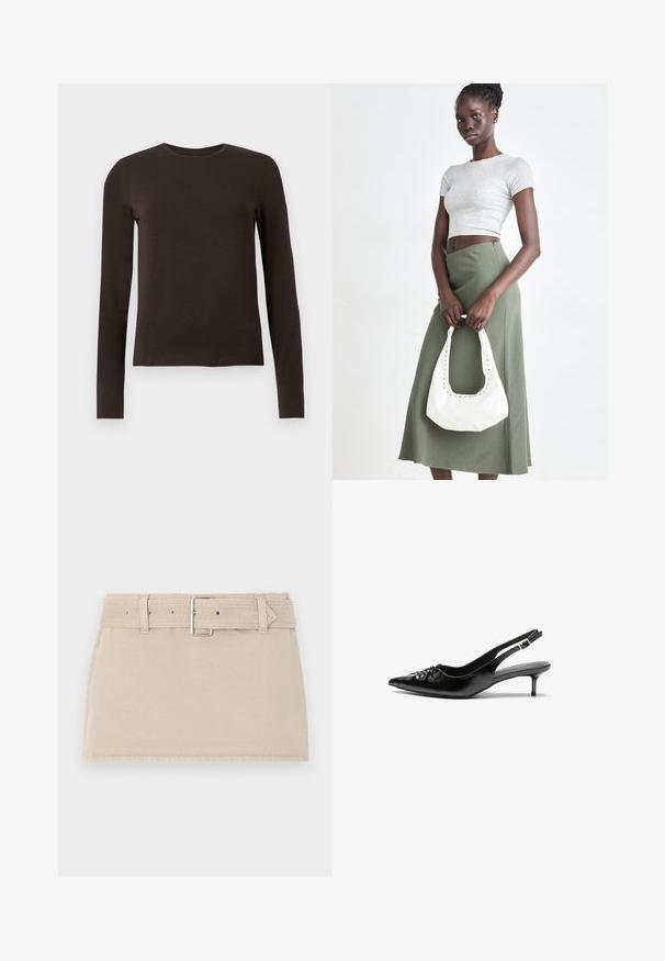 Cămașă lungă cu mâneci, de culoare maro închis, cu guler tip crew și o croială slim, expusă pe un fundal alb simplu.; Abercrombie & Fitch BELTED MINI - Fustă denim - beige; Cizme slingback din piele neagră, cu vârf ascuțit, toc mic de tip kitten heel și un detaliu decorativ sub formă de nod în față. Textură netedă pe întreaga suprafață.; Crop top griș cu dungi și fustă verde măsliniu cu talie înaltă. Modelul ține o geantă albă de umăr cu detalii tăiate. Design simplu, siluetă ajustată.