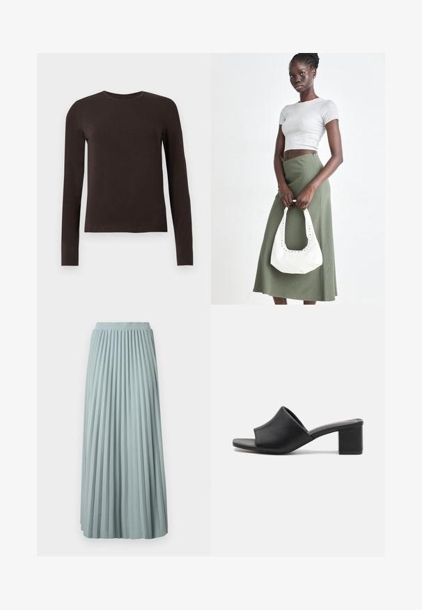 Dunkelbraunes Langarmshirt mit Rundhalsausschnitt und schmaler Passform auf einem schlichten weißen Hintergrund dargestellt.; Helle blaue, plissierte Max7ikette mit breitem elastischem Taillenbund. Hergestellt aus glattem Stoff, mit vertikalen Falten und fließendem Schnitt.; Schwarze Leder-Mules mit Blockabsatz und offenem Zehenbereich, mit einer glatten Oberfläche und einem leicht geschwungenen Schaft für Komfort und Stil.; Grauer gerippter Croptop und olivgrüner Rock mit hoher Taille. Das Modell hält eine weiße Schultertasche mit Ausschnittdetails. Schlichte Gestaltung, taillierte Silhouette.