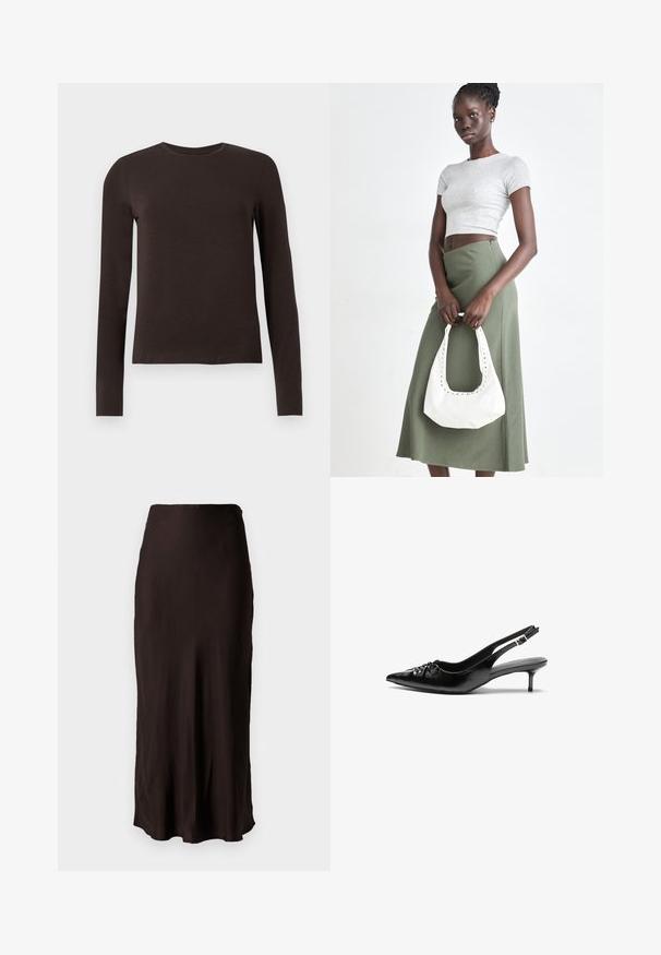 Sötétbarna, hosszú ujjú, kerek nyakú póló, slim fit szabásban, sima fehér háttér előtt.; Fekete, középméretű szoknya sima, könnyű anyagból, egyenes fazonban és oldalsó hasítékkal. Egyszerű derékpánt jellemzi.; Fekete bőrből készült slingback magassarkú cipők hegyes orral, kis francia sarokkal és díszes csomóval az elején. Az egész felületen sima textúra.; Szürke bordázott cropped top és olajzöld, magas derékú szoknya. A modellen egy fehér válltáska van, amely kivágott részletekkel rendelkezik. Egyszerű dizájn, testhezálló sziluett.