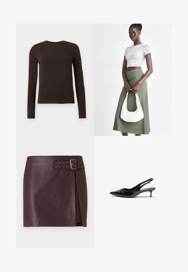 Dunkelbraunes Langarmshirt mit Rundhalsausschnitt und schmaler Passform auf einem schlichten weißen Hintergrund dargestellt.; Bordeauxfarbene Kunstlederrock mit tailliertem Bund und metallischem Schnallenverschluss, seitlichem Schlitz und glatter, polierter Textur.; Schwarze Leder-Slingback-Absätze mit einer spitzen Zehenform, kleinen Kitten-Absätzen und einem dekorativen Knoten-Detail auf der Vorderseite. Glatte Textur über die gesamte Fläche.; Grauer gerippter Croptop und olivgrüner Rock mit hoher Taille. Das Modell hält eine weiße Schultertasche mit Ausschnittdetails. Schlichte Gestaltung, taillierte Silhouette.