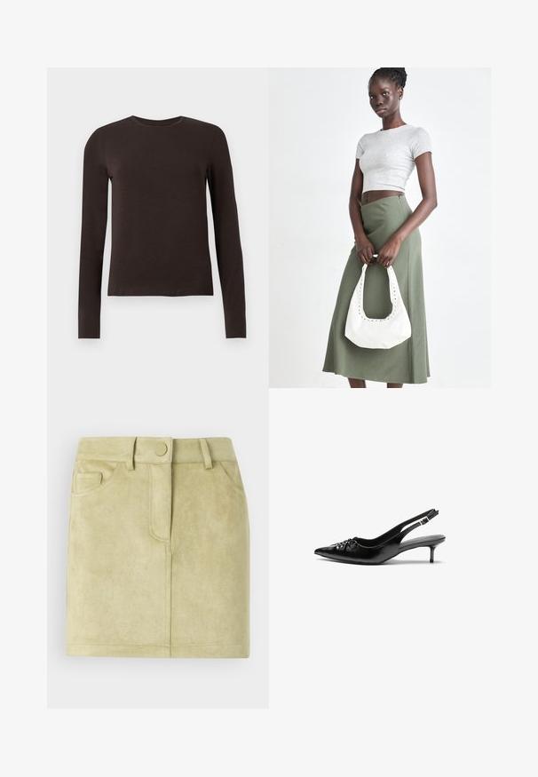 Donkerbruine langemouw crewneck shirt met een slim fit, weergegeven op een plain witte achtergrond.; Suède minirok in lichtgroen. Kenmerken zijn een getailleerde taille, twee voorzakken en een sluiting aan de voorkant met een ronde knop. Zachte textuur.; Zwarte leren slingback hakken met een spitse neus, kleine kittenhak en een decoratieve knoopdetail aan de voorkant. Smooth textuur overal.; Grijs geribbelde crop top en olijfgroene hoge taille rok. Model houdt een witte schoudertas met uitsparingen vast. Eenvoudig ontwerp, aansluitende silhouet.