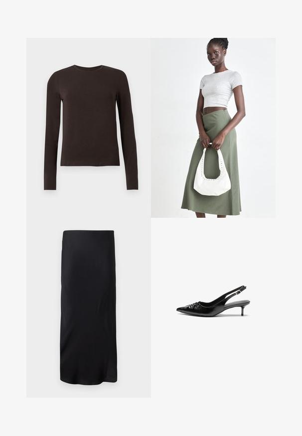 Sötétbarna, hosszú ujjú, kerek nyakú póló, slim fit szabásban, sima fehér háttér előtt.; Fekete, ujjatlan midi szoknya sima anyagból. Egyenes, megnyúlt formája van, minta vagy díszítés nélkül. Egyszerű és minimalista dizájn.; Fekete bőrből készült slingback magassarkú cipők hegyes orral, kis francia sarokkal és díszes csomóval az elején. Az egész felületen sima textúra.; Szürke bordázott cropped top és olajzöld, magas derékú szoknya. A modellen egy fehér válltáska van, amely kivágott részletekkel rendelkezik. Egyszerű dizájn, testhezálló sziluett.