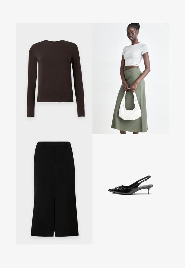Tmavě hnědé tričko s dlouhým rukávem a kulatým výstřihem, těsně přiléhající k tělu, vystavené na bílém pozadí.; Černá sukně ke kolenům se přímou siluetou, s předním rozparkem, hladkou texturou a střiženým pasem.; Černé kožené lodičky na slingback s špičatou špičkou, malým podpatkem typu kitten a ozdobným uzlem na přední straně. Hladký povrch po celém obvodu.; Šedý pruhovaný crop top a olivově zelená sukně s vysokým pasem. Modelka drží bílou kabelku přes rameno s výřezovými detaily. Jednoduchý design, přiléhavý silueta.