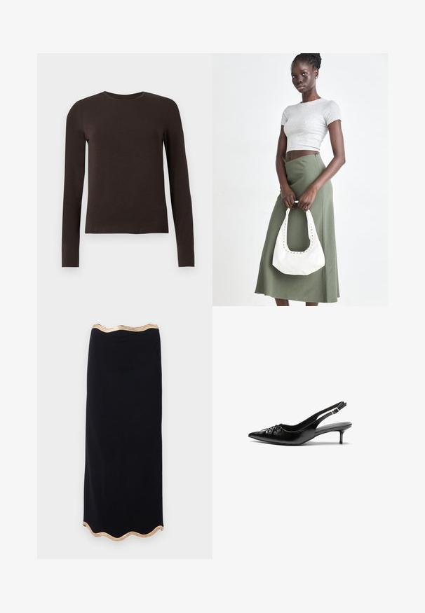 Cămașă lungă cu mâneci, de culoare maro închis, cu guler tip crew și o croială slim, expusă pe un fundal alb simplu.; Fustă midi neagră, cu tiv ondulat, având un detaliu din fir metalic auriu. Textură netedă, design ajustat, până la genunchi.; Cizme slingback din piele neagră, cu vârf ascuțit, toc mic de tip kitten heel și un detaliu decorativ sub formă de nod în față. Textură netedă pe întreaga suprafață.; Crop top griș cu dungi și fustă verde măsliniu cu talie înaltă. Modelul ține o geantă albă de umăr cu detalii tăiate. Design simplu, siluetă ajustată.