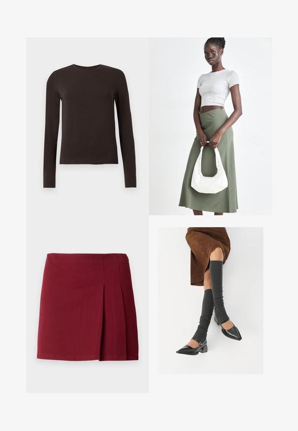 Mørkebrune, langermede crew neck skjorter med slim fit vist mot en enkel hvit bakgrunn.; Bordeaux plissert mini-skjørt med glatt tekstur, tettsittende midje og glidelåslukking på siden. Enkel, minimal design uten mønster.; Sorte lakkpumps med spiss tå, blokkhel, og ankelstropp, kombinert med grå ribbestrikkede beinvarmere og et brunt semsket skinn skjørt.; Grå ribbet topp og olivengrønn høy midje skjørt. Modellen holder en hvit skulderveske med utskjæringsdetaljer. Enkelt design, tettsittende silhuett.