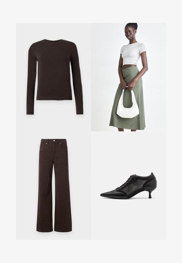 Camisa de manga larga de cuello redondo en marrón oscuro con un ajuste slim, exhibida sobre un fondo blanco liso.; Vaqueros de pierna ancha marrones con un sutil patrón de leopardo, confeccionados en denim con una textura suave y un clásico diseño de cinco bolsillos.; Zapato negro de punta afilada con un diseño de panel de malla, que presenta un tacón bajo y cordones en la parte delantera. Está fabricado con una combinación de cuero y material de malla.; Top corto de canalé gris y falda de tiro alto verde oliva. La modelo sostiene un bolso de hombro blanco con detalles recortados. Diseño simple, silueta ajustada.