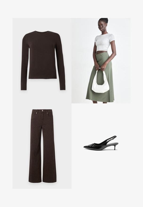 Tumši brūns gara piedurkne t-krekls ar šauru piegriezumu, parādīts uz vienkārša balta fona.; Brūni platās kājas džinsi ar smalku leoparda rakstu, izgatavoti no denima ar gludu tekstūru un klasisku piecu kabatu dizainu.; Melni ādas sandales ar norādītu pirkstu, mazu kaķa papēdi un dekoratīvu mezglu detaļu priekšā. Gluda tekstūra visā virsmā.; Pelēks ribots īsais tops un olīvzaļš augstās vidukļa svārki. Modelis tur baltu plecu somu ar izgriezumiem. Vienkāršs dizains, pieguloša silueta.