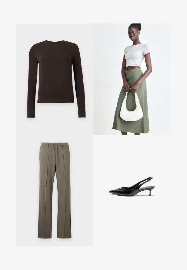 Chemise à col rond à manches longues de couleur brun foncé avec une coupe ajustée, présentée sur fond blanc uni.; Pantalons kaki avec une coupe droite, taille à cordon de serrage et deux plis sur le devant. Fabriqués dans un tissu doux et texturé.; Des escarpins en cuir noir à talon slingback, avec un bout pointu, un petit talon kitten et un détail de nœud décoratif à l'avant. Texture lisse sur toute la surface.; Top court rayé gris et jupe taille haute verte olive. Le mannequin tient un sac à bandoulière blanc avec des découpes. Design simple, silhouette ajustée.