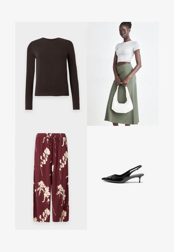 Dark brown long-sleeve crew neck shirt with a slim fit displayed on a plain white background.; Burgundy wide-leg trousers made of lightweight fabric featuring a cream floral pattern, elastic waistband with drawstring, and two side pockets.; Black leather slingback heels with a pointed toe, small kitten heel, and a decorative knot detail on the front. Smooth texture throughout.; Gray ribbed crop top and olive green high-waisted skirt. Model holds a white shoulder bag with cut-out detailing. Simple design, fitted silhouette.