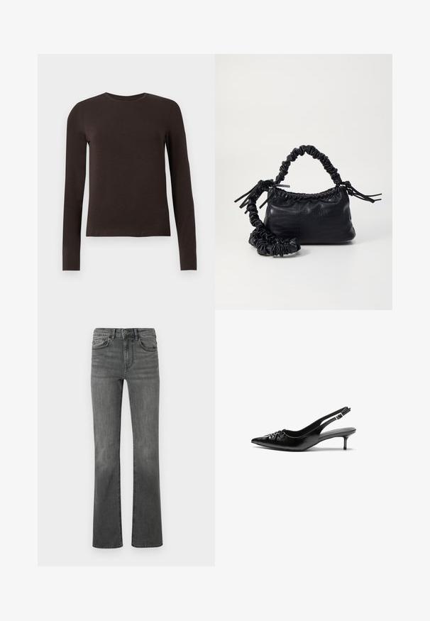 Musta ruskea pitkähihaisen crew neck -paita, jossa on slim fit -mukavuus, esitelty valkoisella taustalla.; Pörröiset farkut tummanharmaasta denimistä, joissa on korkea vyötärö, viisi taskua ja yksittäinen nappisulku. Sileä pinta, jossa on hieman haalistumista.; Mustat nahkaiset slingback-korkokengät, joissa on terävä kärki, pieni kitten-korko ja koristeellinen solki edessä. Yksinkertainen pinta kauttaaltaan.; Must-have mustekahvi nahkalaukku krokotiiliaistalla, kiristetty yläosa ja rypistetty hihna. Näyttää pehmeältä ja kompaktilta muotoilultaan.