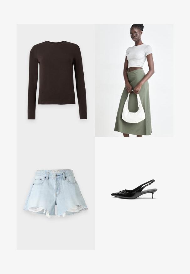 Ciemnobrązowa longsleeve koszulka z okrągłym dekoltem i slim fit, prezentowana na białym tle.; Jasnoniebieskie dżinsowe szorty z obciętymi nogawkami, z postrzępionym dołem i klasycznym pięciopocketowym wzorem. Posiadają metalowy guzik i zamek błyskawiczny.; Czarne skórzane szpilki na ramiączku z ostrym noskiem, małym słupkiem i ozdobnym węzłem z przodu. Gładka faktura na całej powierzchni.; Szary prążkowany crop top i oliwkowa spódnica o wysokim stanie. Modelka trzyma białą torebkę na ramię z wycięciami. Prosty design, dopasowany krój.