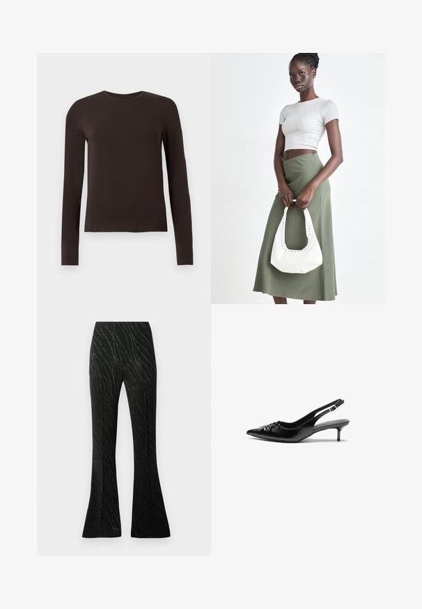 Dark brown long-sleeve crew neck shirt with a slim fit displayed on a plain white background.; Black flared pants made of fabric with a soft texture, featuring a wavy silver thread pattern throughout. Tailored fit with front pleats.; Black leather slingback heels with a pointed toe, small kitten heel, and a decorative knot detail on the front. Smooth texture throughout.; Gray ribbed crop top and olive green high-waisted skirt. Model holds a white shoulder bag with cut-out detailing. Simple design, fitted silhouette.
