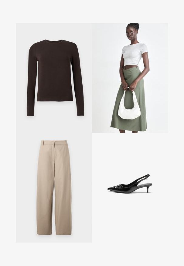 Sötétbarna, hosszú ujjú, kerek nyakú póló, slim fit szabásban, sima fehér háttér előtt.; Beige, bővített lábú pamutra készült nadrág. Jellemzője a sima elülső rész, két oldalsó zseb és sima textúra. Egyszerű, funkcionális dizájn.; Fekete bőrből készült slingback magassarkú cipők hegyes orral, kis francia sarokkal és díszes csomóval az elején. Az egész felületen sima textúra.; Szürke bordázott cropped top és olajzöld, magas derékú szoknya. A modellen egy fehér válltáska van, amely kivágott részletekkel rendelkezik. Egyszerű dizájn, testhezálló sziluett.