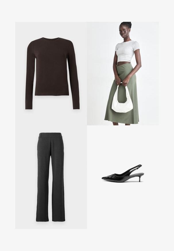 Dark brown long-sleeve crew neck shirt with a slim fit displayed on a plain white background.; Dark gray, straight-leg pants made of soft fabric. Features a smooth waistband and no visible patterns or accents.; Black leather slingback heels with a pointed toe, small kitten heel, and a decorative knot detail on the front. Smooth texture throughout.; Gray ribbed crop top and olive green high-waisted skirt. Model holds a white shoulder bag with cut-out detailing. Simple design, fitted silhouette.