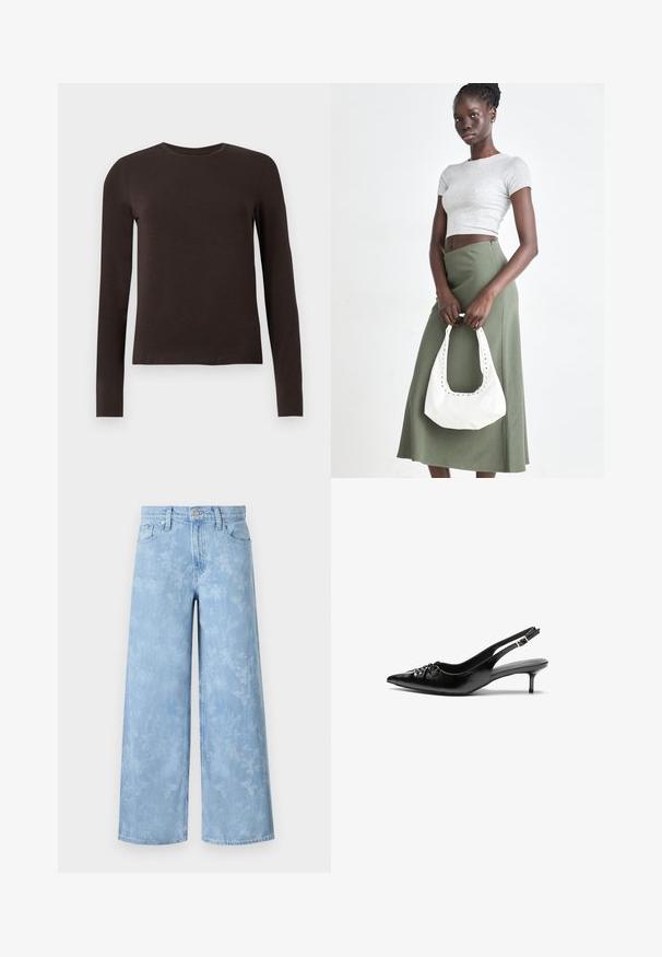 Musta ruskea pitkähihaisen crew neck -paita, jossa on slim fit -mukavuus, esitelty valkoisella taustalla.; Vaaleansiniset leveät farkut, joissa on haalistunut kukkakuosi, viisi taskua ja nappikiinnitys vyötäröllä. Denimpinta, jossa on hieman tekstuuria.; Mustat nahkaiset slingback-korkokengät, joissa on terävä kärki, pieni kitten-korko ja koristeellinen solki edessä. Yksinkertainen pinta kauttaaltaan.; Harmaa ribbattu crop-top ja oliivinvihreä korkeavyötäröinen hame. Malli pitää valkoista olkalaukkua, jossa on leikattu yksityiskohtia. Yksinkertainen muotoilu, vartalonmyötäinen siluetti.