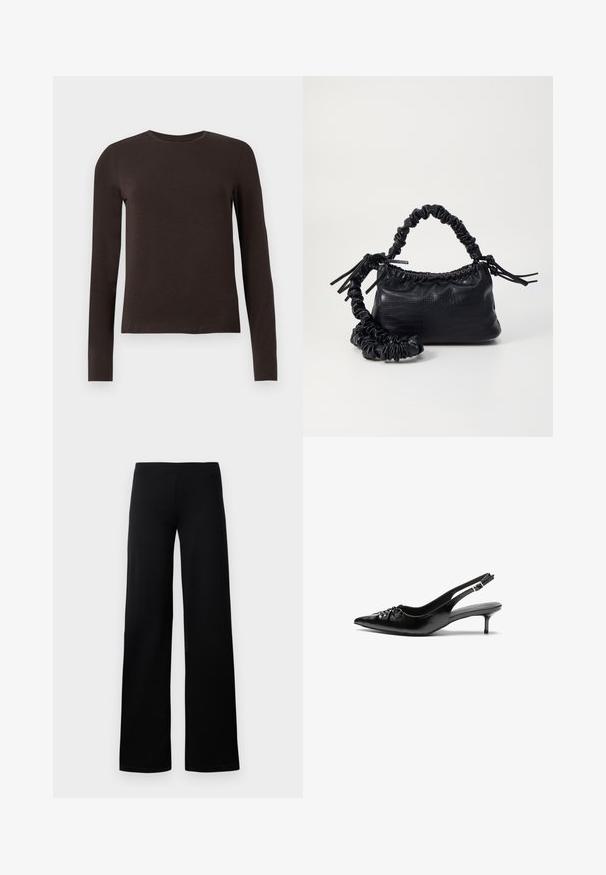 Sötétbarna, hosszú ujjú, kerek nyakú póló, slim fit szabásban, sima fehér háttér előtt.; Fekete, bő szárú nadrág sima, rugalmas anyagból, varrás nélküli, elasztikus derékbővítéssel, látható zsebek vagy díszítések nélkül.; Fekete bőrből készült slingback magassarkú cipők hegyes orral, kis francia sarokkal és díszes csomóval az elején. Az egész felületen sima textúra.; Fekete műbőr kézi táska krokodil bőr textúrával, összehúzható tetejű és gyűrt pánttal. Lágy és kompakt dizájnúnak tűnik.