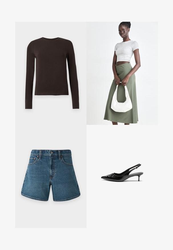 Musta ruskea pitkähihaisen crew neck -paita, jossa on slim fit -mukavuus, esitelty valkoisella taustalla.; Farkkushortsit keskipitkä sinisessä sävyssä, suora leikkaus, perinteinen viiden taskun muotoilu ja kontrastivärinen ommel reunoilla.; Mustat nahkaiset slingback-korkokengät, joissa on terävä kärki, pieni kitten-korko ja koristeellinen solki edessä. Yksinkertainen pinta kauttaaltaan.; Harmaa ribbattu crop-top ja oliivinvihreä korkeavyötäröinen hame. Malli pitää valkoista olkalaukkua, jossa on leikattu yksityiskohtia. Yksinkertainen muotoilu, vartalonmyötäinen siluetti.