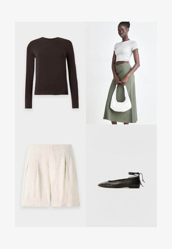 Mørkebrunt langærmet crew neck skjorte med slim fit præsenteret på en ensfarvet hvid baggrund.; Lys beige linned shorts med en skræddersyet design, der har folder og en ren, lige skæring. Glat tekstur, ingen synlige hardware eller accenter.; Sorte læder ballerinaer med spids tå, ankelbinding og flad sål, der har en glat tekstur og minimalistisk design.; Grå ribbet crop top og olivengrøn højhøjdet nederdel. Modellen holder en hvid skuldertaske med udskæringsdetaljer. Enkel design, tætsiddende silhuet.