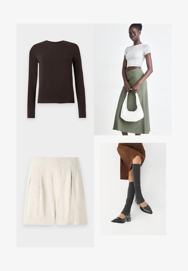 Mørkebrunt langærmet crew neck skjorte med slim fit præsenteret på en ensfarvet hvid baggrund.; Lys beige linned shorts med en skræddersyet design, der har folder og en ren, lige skæring. Glat tekstur, ingen synlige hardware eller accenter.; Sorte patenterede lædersko med spids tå, blokhæl og ankelrem, kombineret med grå ribbede benvarmere og en brun ruskinds nederdel.; Grå ribbet crop top og olivengrøn højhøjdet nederdel. Modellen holder en hvid skuldertaske med udskæringsdetaljer. Enkel design, tætsiddende silhuet.