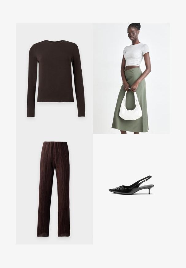 Dark brown long-sleeve crew neck shirt with a slim fit displayed on a plain white background.; Brown wide-leg pants featuring a pleated texture, high waistband, and flowing design. Made from lightweight fabric. No visible fasteners.; Black leather slingback heels with a pointed toe, small kitten heel, and a decorative knot detail on the front. Smooth texture throughout.; Gray ribbed crop top and olive green high-waisted skirt. Model holds a white shoulder bag with cut-out detailing. Simple design, fitted silhouette.