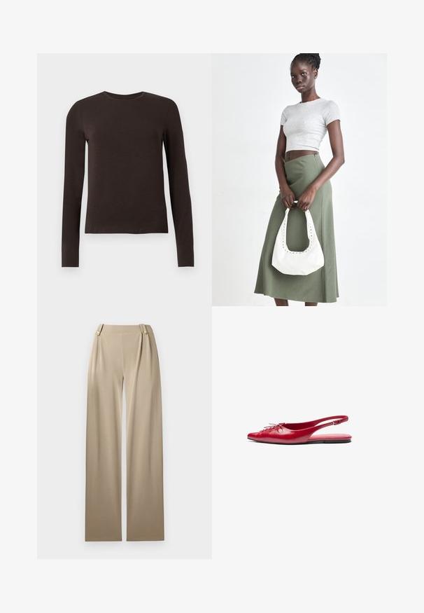 Mørkebrune, langermede crew neck skjorter med slim fit vist mot en enkel hvit bakgrunn.; Beige breddebenede bukser med en glat tekstur, forsynet med to dekorative knapper i taljen og subtile plisseringer for ekstra detaljer.; Rød lær slingback leplesko med spiss tå og dekorativ snøring foran, med en smal ankelrem og flat såle.; Grå ribbet topp og olivengrønn høy midje skjørt. Modellen holder en hvit skulderveske med utskjæringsdetaljer. Enkelt design, tettsittende silhuett.