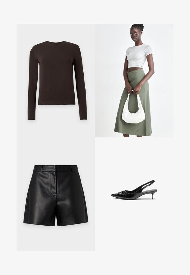 Dark brown long-sleeve crew neck shirt with a slim fit displayed on a plain white background.; Black leather shorts with a smooth texture, featuring a fitted waistband, front seam detail, and side slits for added style.; Black leather slingback heels with a pointed toe, small kitten heel, and a decorative knot detail on the front. Smooth texture throughout.; Gray ribbed crop top and olive green high-waisted skirt. Model holds a white shoulder bag with cut-out detailing. Simple design, fitted silhouette.