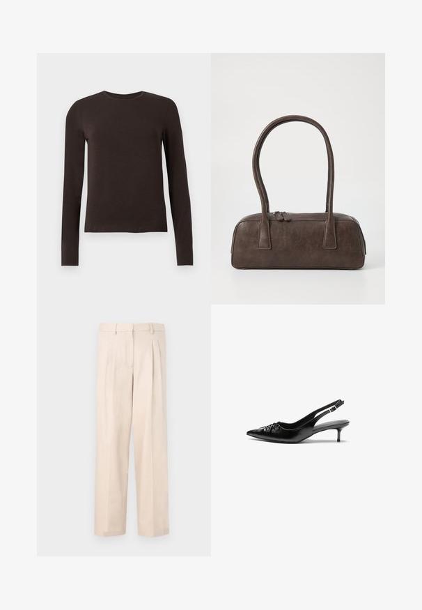Maglietta a maniche lunghe color marrone scuro con collo a giro e vestibilità slim, mostrata su uno sfondo bianco semplice.; Pantaloni beige con pinces, realizzati in tessuto liscio. Presentano una vita con passanti per cintura e un design a gamba dritta, senza tasche visibili.; Tacchi slingback in pelle nera con punta affusolata, piccolo tacco kitten e un dettaglio a nodo decorativo sulla parte anteriore. Texture liscia su tutta la superficie.; Borsa a mano in pelle marrone con due manici robusti, forma rettangolare, texture liscia e chiusura con zip. Design minimalista senza motivi visibili.