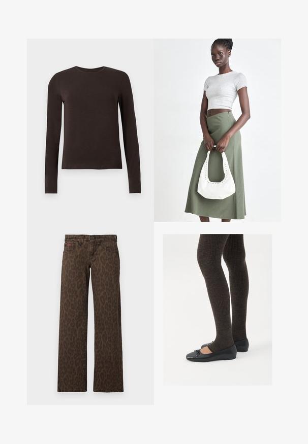 Cămașă lungă cu mâneci, de culoare maro închis, cu guler tip crew și o croială slim, expusă pe un fundal alb simplu.; Jeans cu model de leopard maro, cu design drept, dotate cu închidere prin buton și cu o mică marcă roșie pe partea din față. Textură moale de denim.; Pantofi negri cu un detaliu mic de fundiță la vârf, asortați cu colanți maro închis, cu textură ondulată. Pantofii au o textură netedă și un profil joase.; Crop top griș cu dungi și fustă verde măsliniu cu talie înaltă. Modelul ține o geantă albă de umăr cu detalii tăiate. Design simplu, siluetă ajustată.
