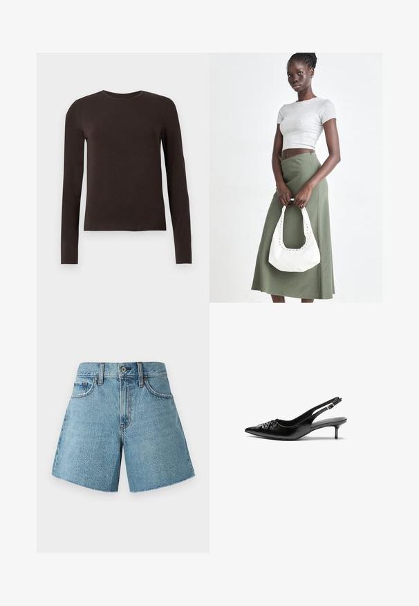 Chemise à col rond à manches longues de couleur brun foncé avec une coupe ajustée, présentée sur fond blanc uni.; Shorts en denim bleu clair, avec une taille haute, cinq poches et un ourlet brut. Fabriqués en tissu de coton texturé avec un design classique.; Des escarpins en cuir noir à talon slingback, avec un bout pointu, un petit talon kitten et un détail de nœud décoratif à l'avant. Texture lisse sur toute la surface.; Top court rayé gris et jupe taille haute verte olive. Le mannequin tient un sac à bandoulière blanc avec des découpes. Design simple, silhouette ajustée.