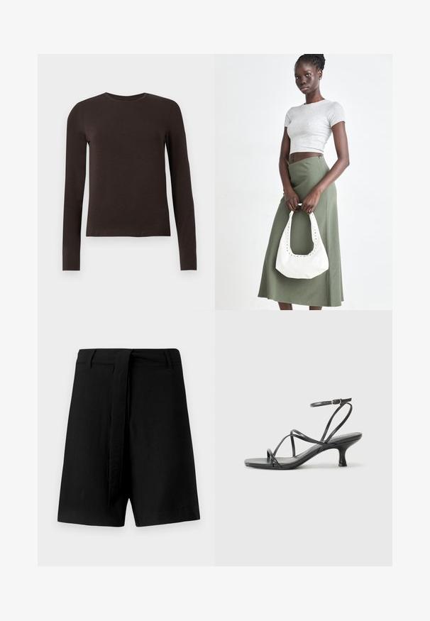 Dark brown long-sleeve crew neck shirt with a slim fit displayed on a plain white background.; Black linen shorts with a high waist, featuring a fabric tie belt and side pockets, smooth texture, and a loose-fitting design.; Black heeled sandals with thin straps, open toe design, and a small, flared heel. The material appears smooth and glossy.; Gray ribbed crop top and olive green high-waisted skirt. Model holds a white shoulder bag with cut-out detailing. Simple design, fitted silhouette.