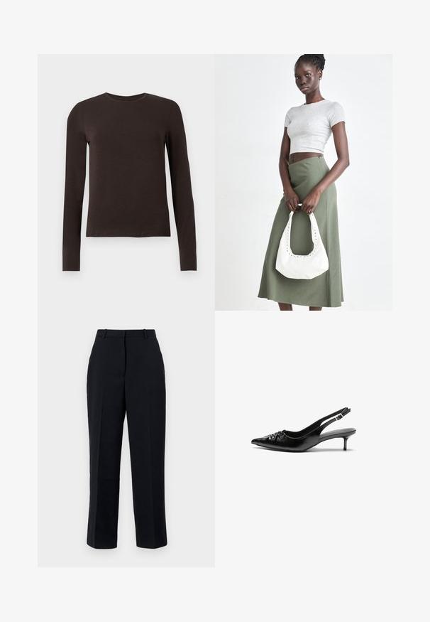 Ciemnobrązowa longsleeve koszulka z okrągłym dekoltem i slim fit, prezentowana na białym tle.; Czarne spodnie o prostym kroju, wykonane z gładkiego materiału, z detalami w postaci kantów, szlufkami na pasek oraz bocznymi kieszeniami. Odpowiednie do eleganckiego ubioru.; Czarne skórzane szpilki na ramiączku z ostrym noskiem, małym słupkiem i ozdobnym węzłem z przodu. Gładka faktura na całej powierzchni.; Szary prążkowany crop top i oliwkowa spódnica o wysokim stanie. Modelka trzyma białą torebkę na ramię z wycięciami. Prosty design, dopasowany krój.