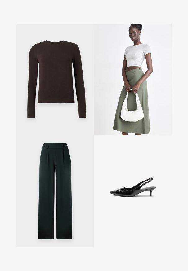 Dark brown long-sleeve crew neck shirt with a slim fit displayed on a plain white background.; Dark green wide-leg trousers made of smooth fabric, featuring a high waistband, pleats, and two prominent black buttons at the front.; Black leather slingback heels with a pointed toe, small kitten heel, and a decorative knot detail on the front. Smooth texture throughout.; Gray ribbed crop top and olive green high-waisted skirt. Model holds a white shoulder bag with cut-out detailing. Simple design, fitted silhouette.