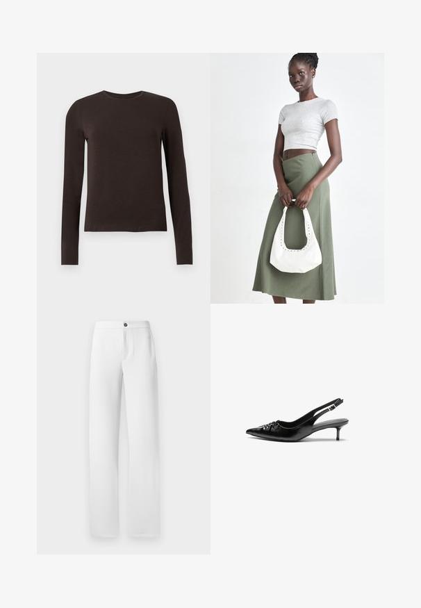 Dark brown long-sleeve crew neck shirt with a slim fit displayed on a plain white background.; White trousers made of smooth fabric, featuring a straight-leg design, a single button closure, and side pockets. Simple and clean finish.; Black leather slingback heels with a pointed toe, low kitten heel, and gathered detail on the vamp. Smooth texture and minimalist design.; Gray ribbed crop top and olive green high-waisted skirt. Model holds a white shoulder bag with cut-out detailing. Simple design, fitted silhouette.