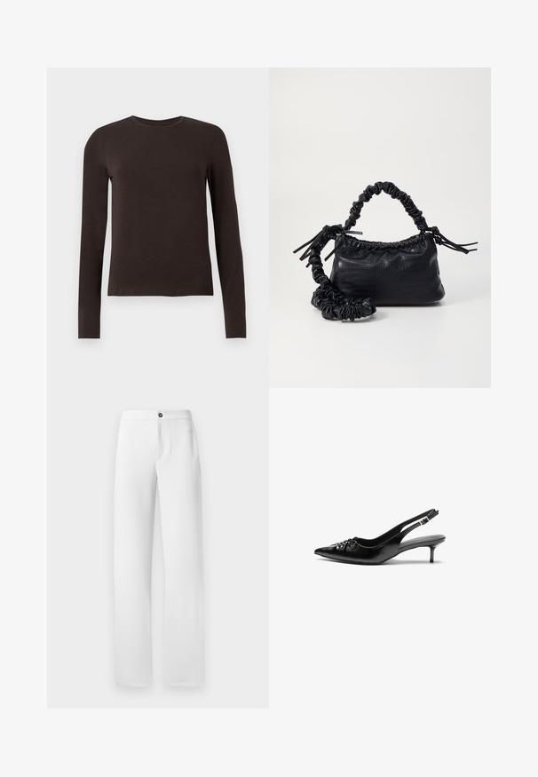 Mørkebrune, langermede crew neck skjorter med slim fit vist mot en enkel hvit bakgrunn.; Hvite bukser laget av glatt stoff, med et rett ben-design, en enkelt knappelukking, og sidelommer. Enkel og ren finish.; Sorte skinnert remsandaler med spiss tå, liten kittenhæl og en dekorativ knute detalj foran. Glatt tekstur gjennom hele.; Svart faux skinn-håndveske med krokodilletekstur, strammet topp og en rynket stropp. Ser myk og kompakt ut i designen.