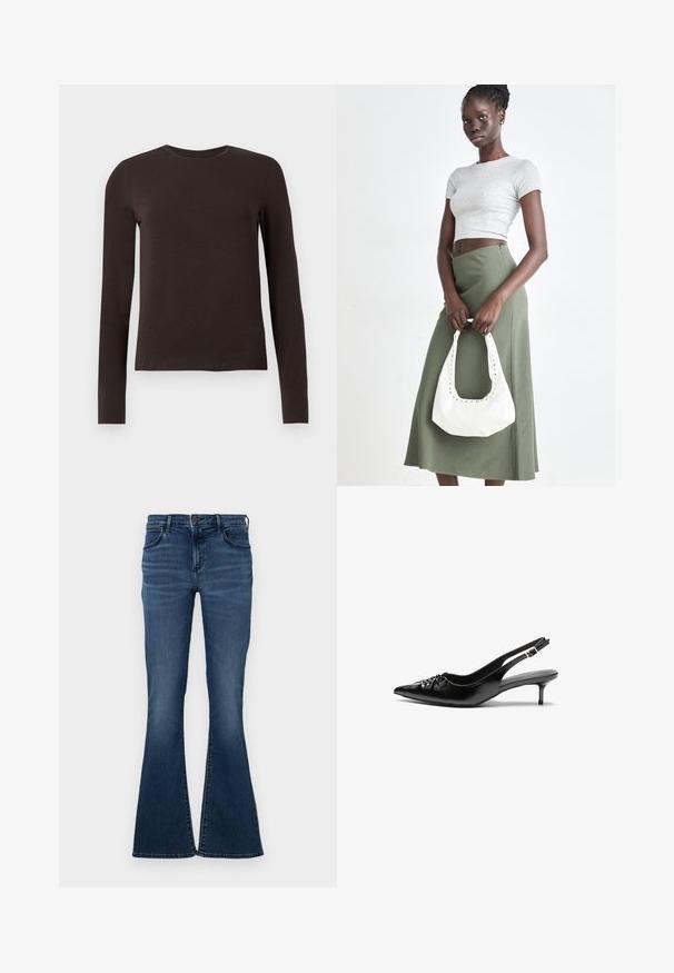 Chemise à col rond à manches longues de couleur brun foncé avec une coupe ajustée, présentée sur fond blanc uni.; Jean évasé bleu foncé avec un design à cinq poches, en denim, une taille avec une fermeture à bouton, et une légère décoloration sur le devant.; Des escarpins en cuir noir à talon slingback, avec un bout pointu, un petit talon kitten et un détail de nœud décoratif à l'avant. Texture lisse sur toute la surface.; Top court rayé gris et jupe taille haute verte olive. Le mannequin tient un sac à bandoulière blanc avec des découpes. Design simple, silhouette ajustée.